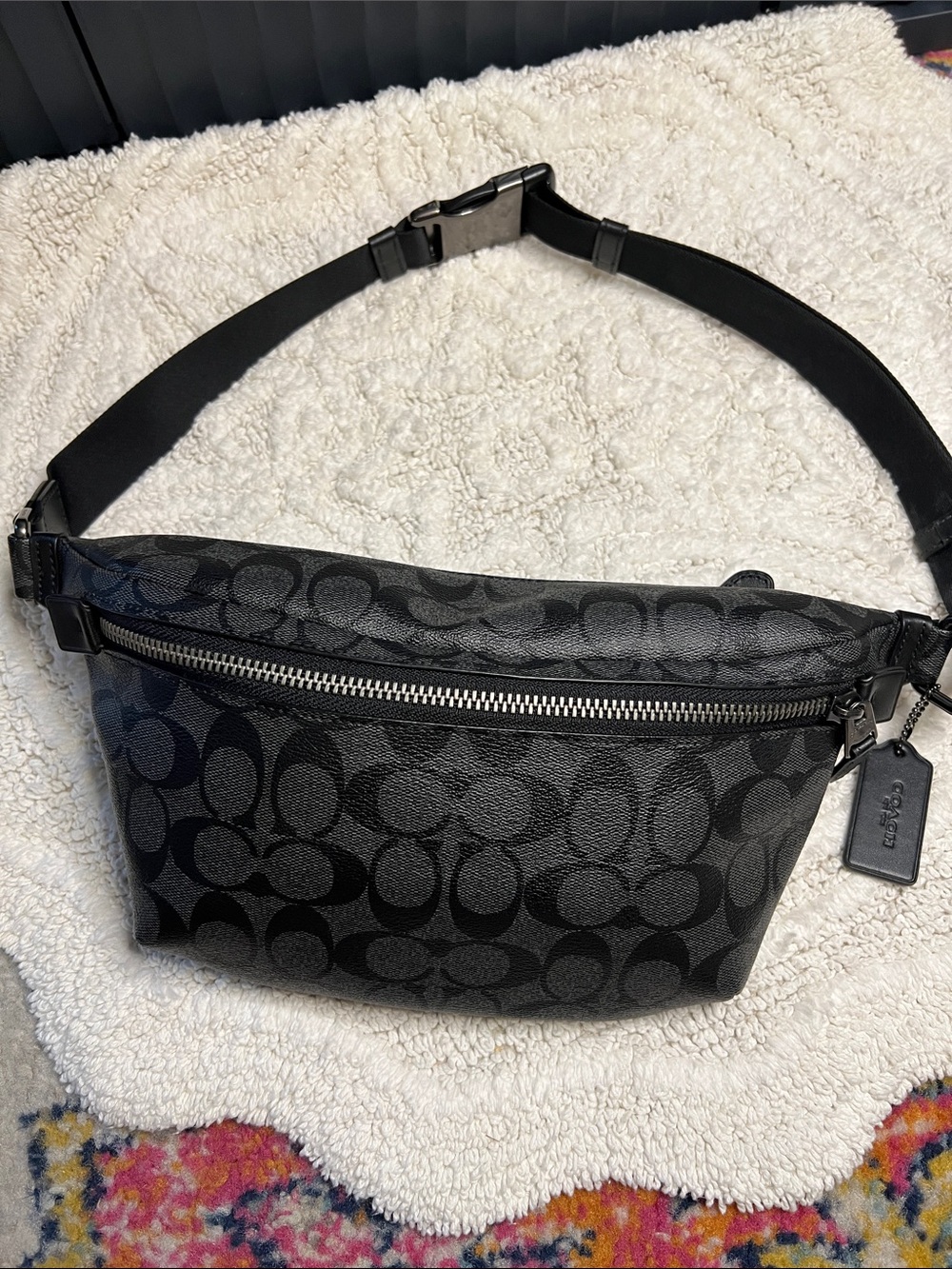 Coach Grade Belt Bag Signature Canvas Black Gray Large Fanny Pack Bum Unisex